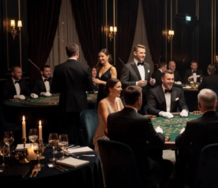 Cinematiczna scena eventu JOKA-TOOLS JOLANTA BIEDRZYCKA-XU z eleganckimi stołami i gośćmi przy mobilnym kasynie