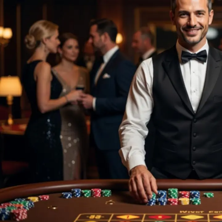 Profesjonalny krupier obsługujący stół ruletki podczas eleganckiego wydarzenia