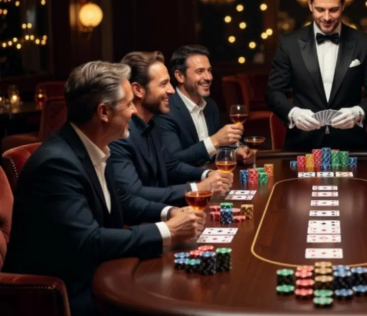 Elegancka scena mobilnego wieczoru pokerowego z prowadzącym i gośćmi przy stole