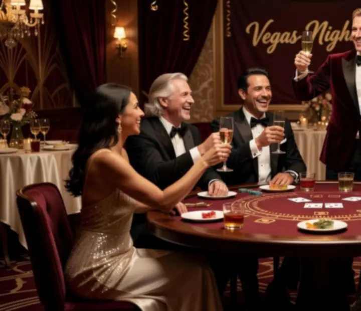 Prywatna uroczystość w klimacie Vegas z eleganckimi stołami kasynowymi i bawiącymi się gośćmi
