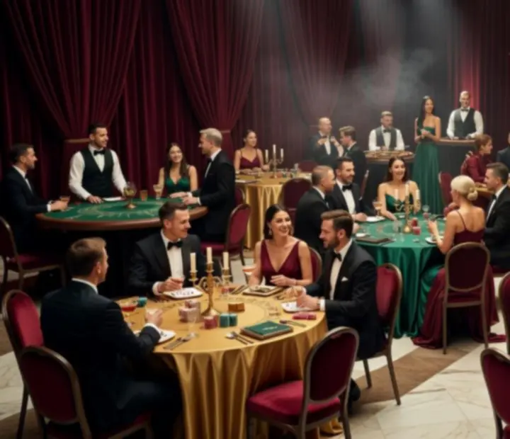 Strefa eventowa w stylu Monte Carlo z eleganckimi stołami gier i dekoracjami.