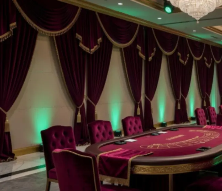 Przed i po metamorfozie sali konferencyjnej w elegancką strefę kasyna eventowego.