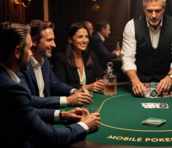 Stylowy wieczór pokerowy z kartami, żetonami i elegancką obsługą